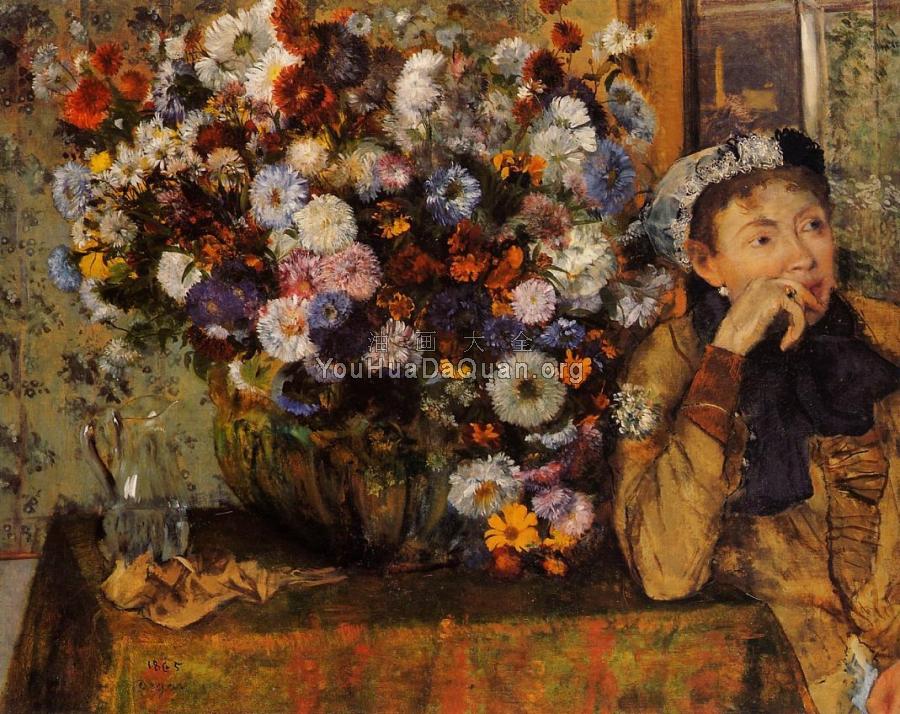 A Woman Seated beside a Vase of Flowers - 埃德加·德加